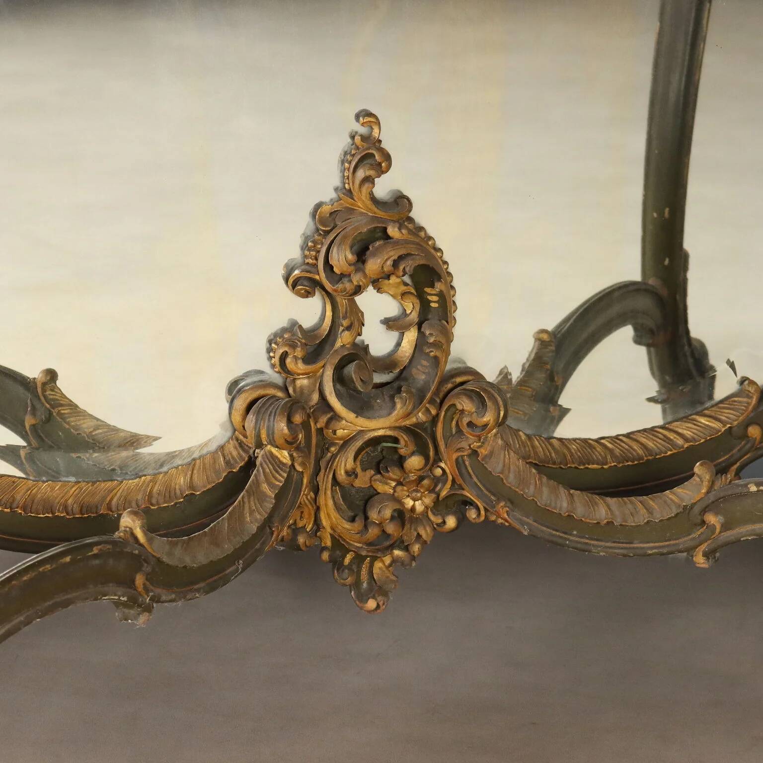 Ancient baroque console with a wooden mirror, Italy, late 19th century.