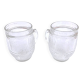 1970s 2 thick transparent glass mugs with textured bark imitation