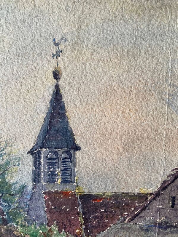 Tableau Aquarelle Sennecey les Dijon ''Rue du village avec clocher'' 1934 Signé