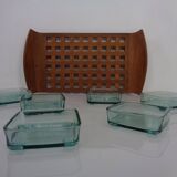 Teak tray with glass bowls by Jens Quistgaard for IHQ Dansk Designs, 1960s, set of 7.