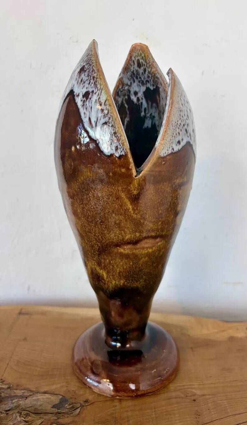 Vintage Mid-Century Modern Studio Pottery Tulip Lotus Bud Pedestal Vase - Earthen Brown & White Glaze