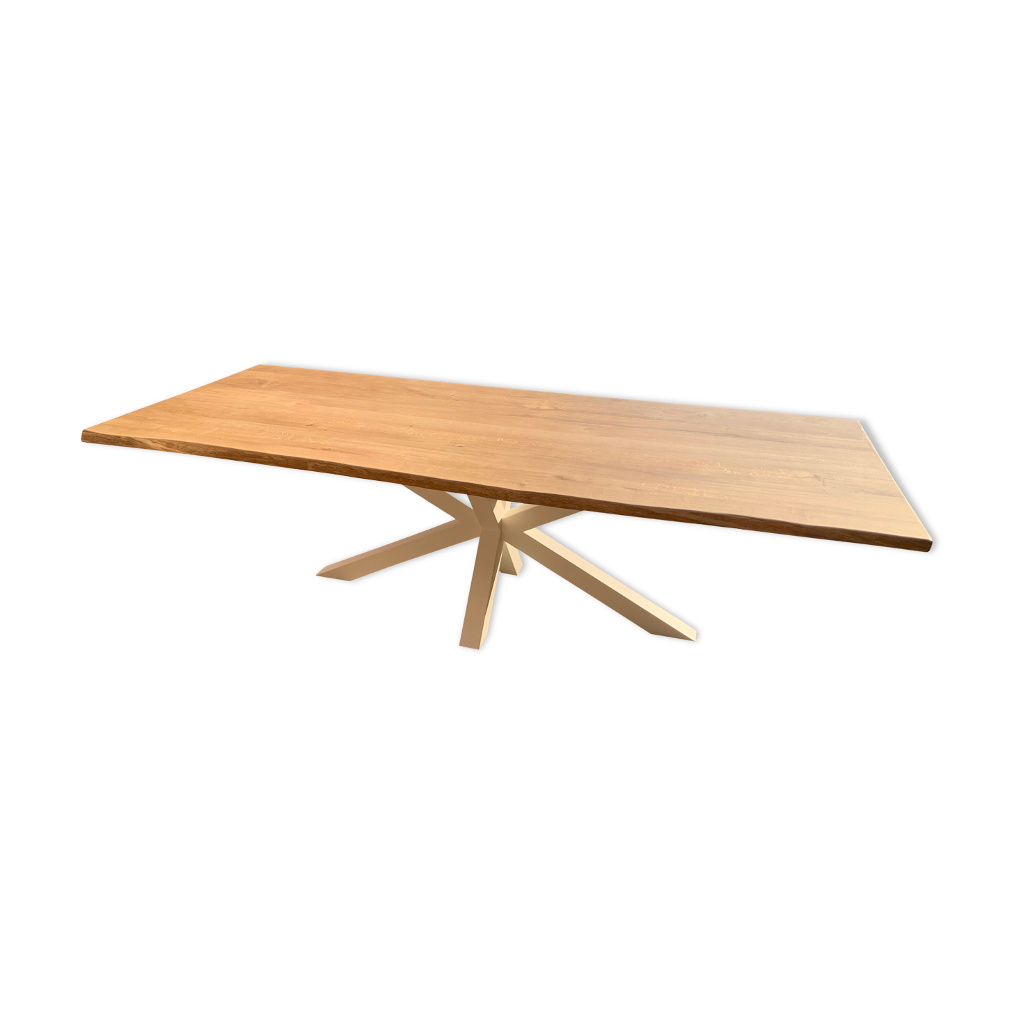 Solid oak table irregular edges with white/black central metal foot for 10 people 2m60x1m