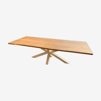 Solid oak table irregular edges with white/black central metal foot for 10 people 2m60x1m