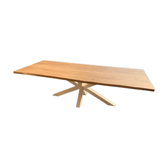 Solid oak table irregular edges with white/black central metal foot for 10 people 2m60x1m