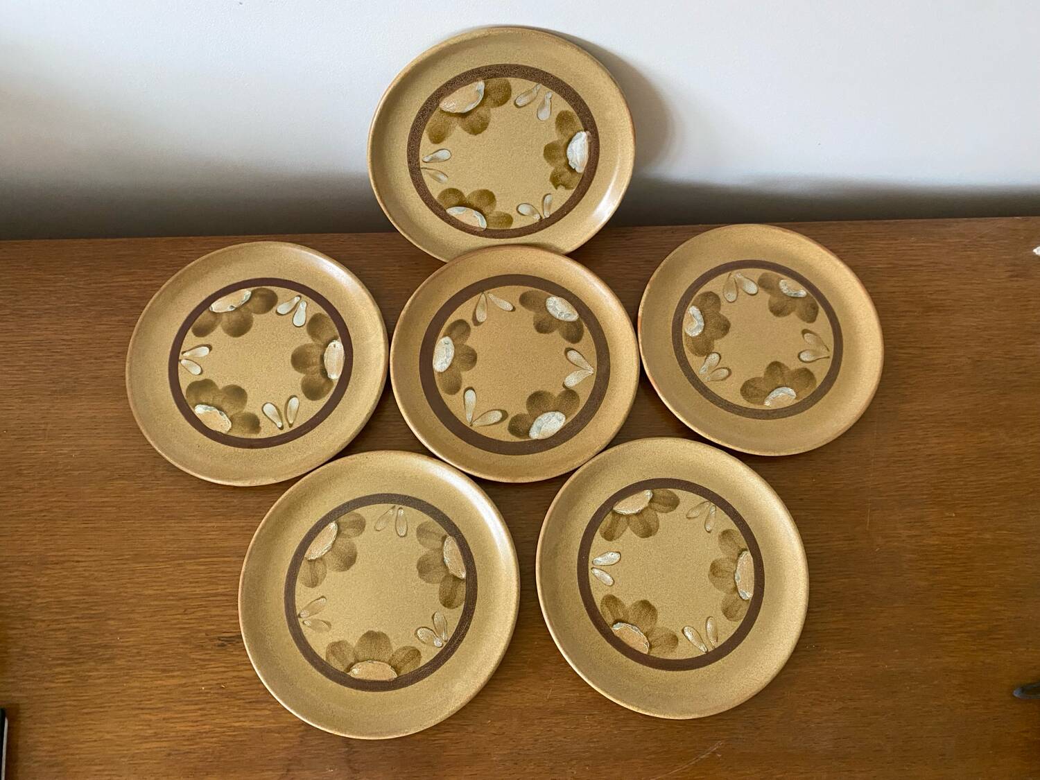 Set of 6 old sarreguemines plates beige ceramic flower decor
