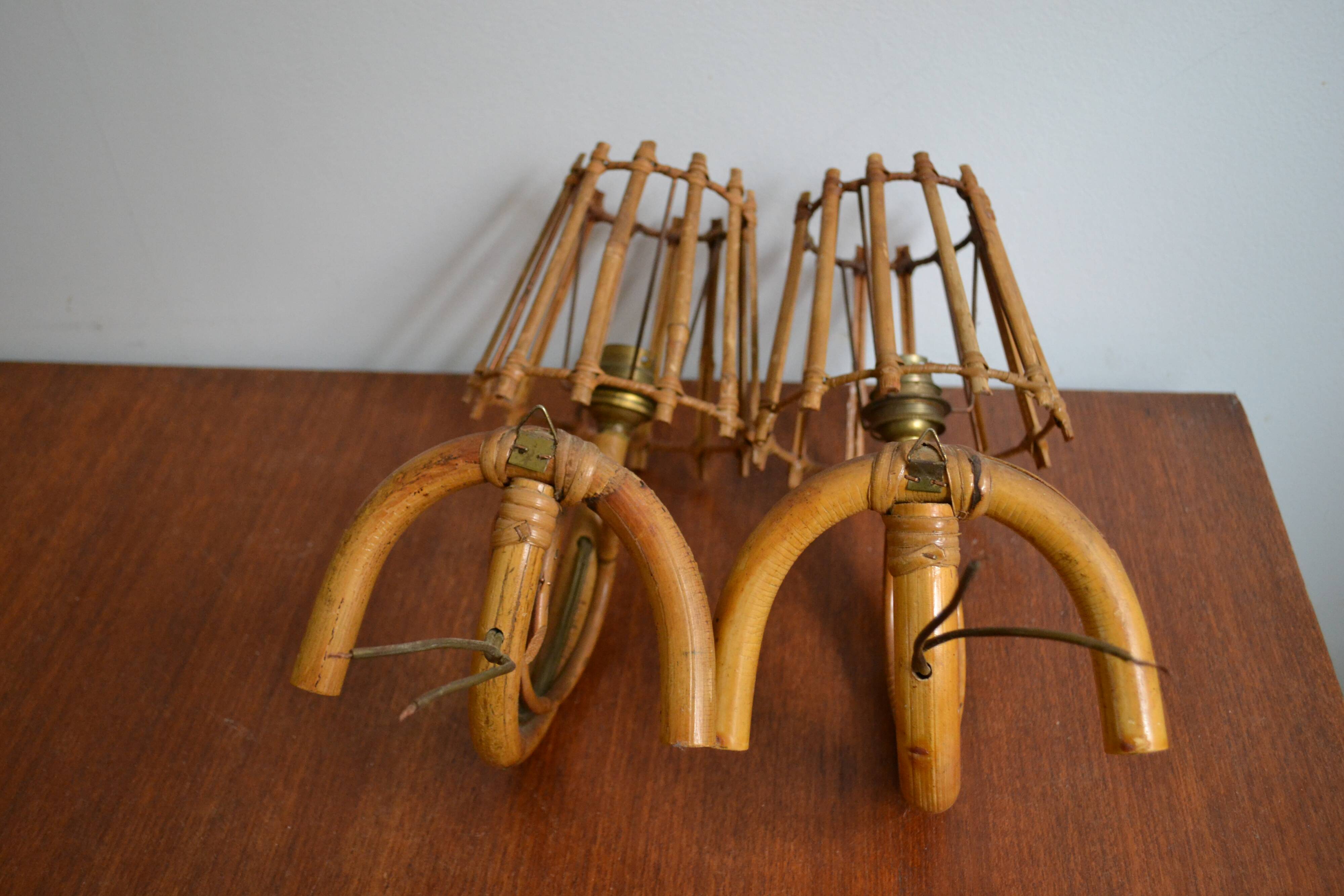 Pair of rattan wall lamps 70s Louis Sognot