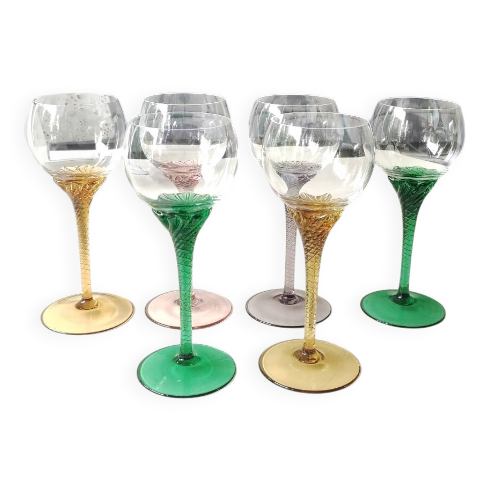Set of 6 round stemmed glasses. Bohemian crystal. Floral twisted stem.