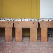 Set of 3 beech wood stools with fabric upholstery in the style of Miro.