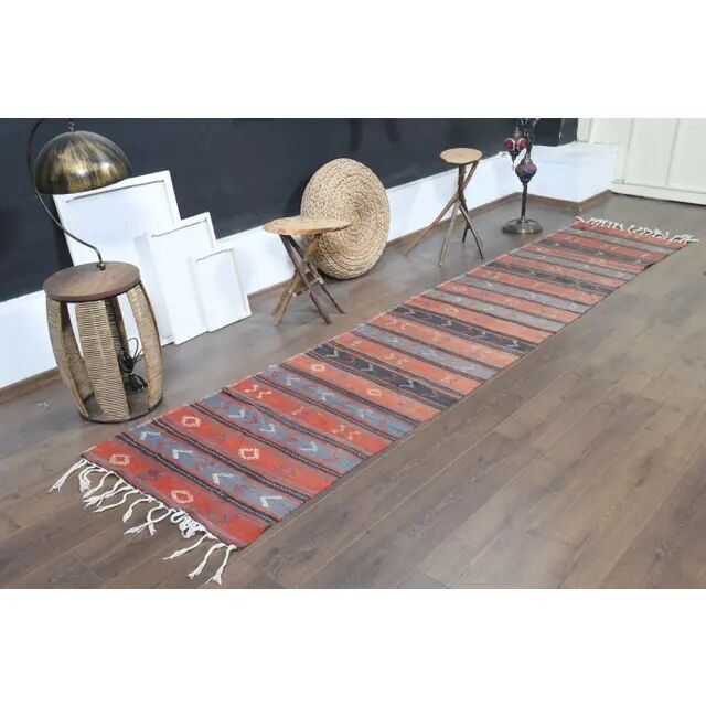 1970s Turkish Oushak Handmade Wool Cotton Red Runner Rug 74x338