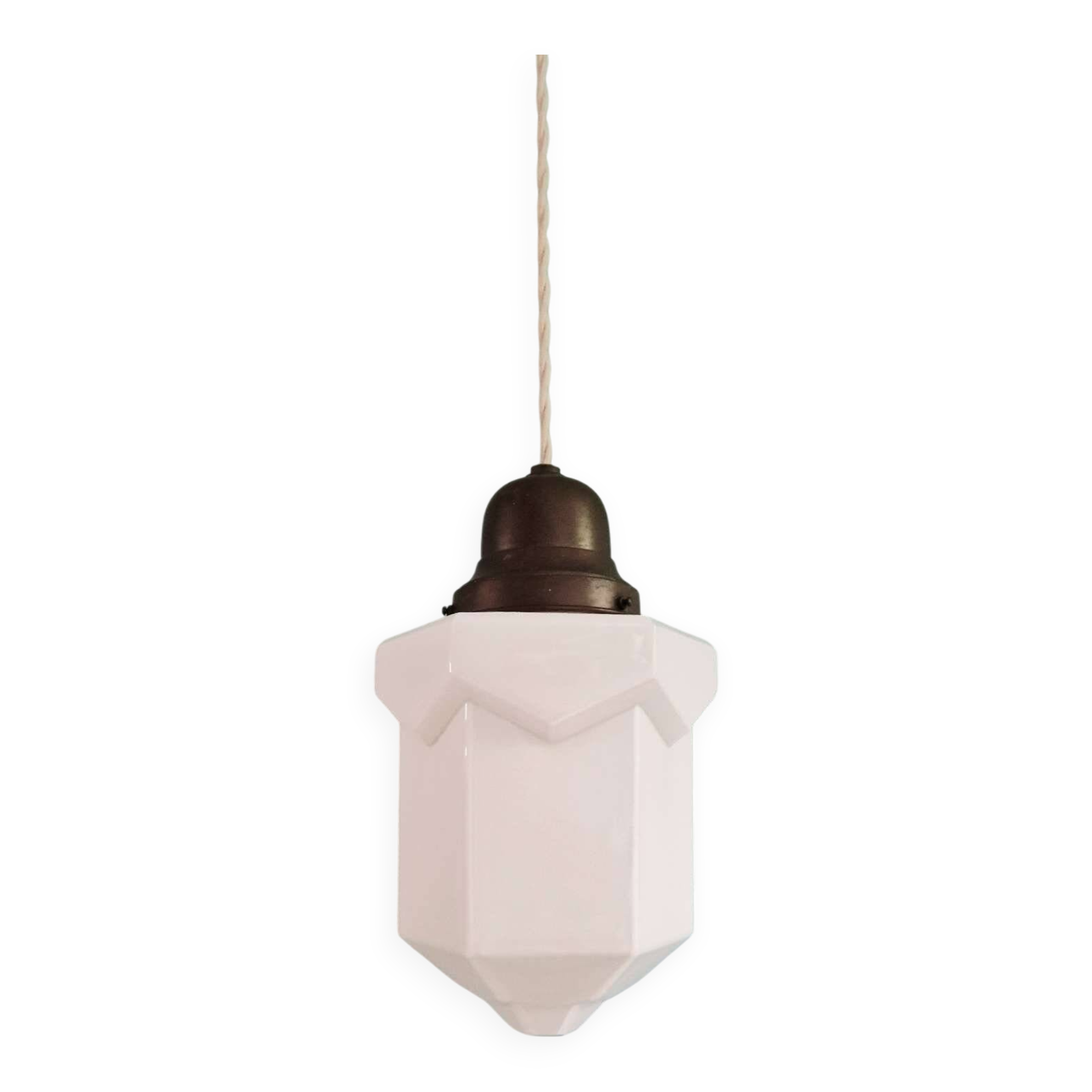 Art Deco skyscraper pendant lamp in white opaline, 1920-30