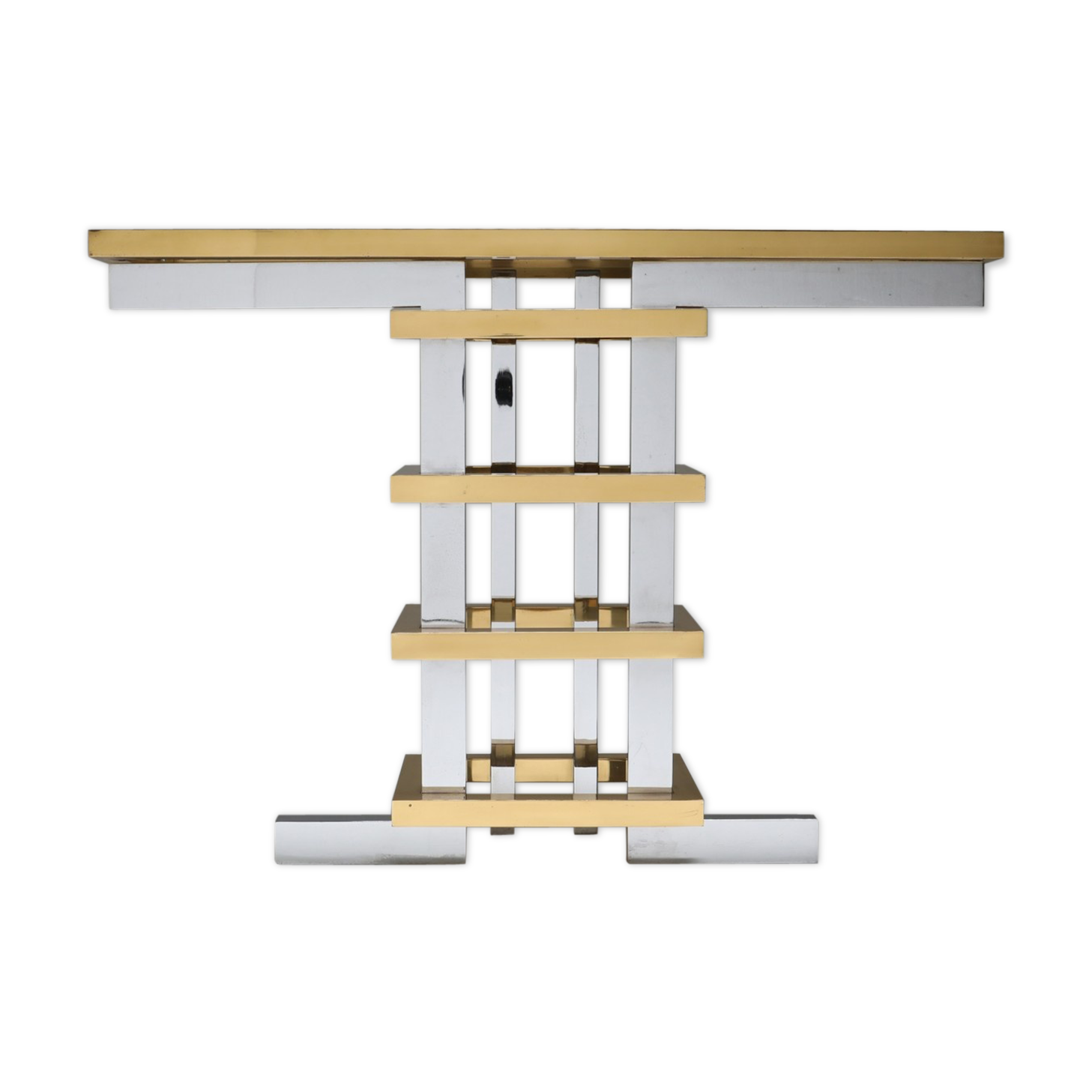 Brass and chrome console with 1970 Duchise glass tray