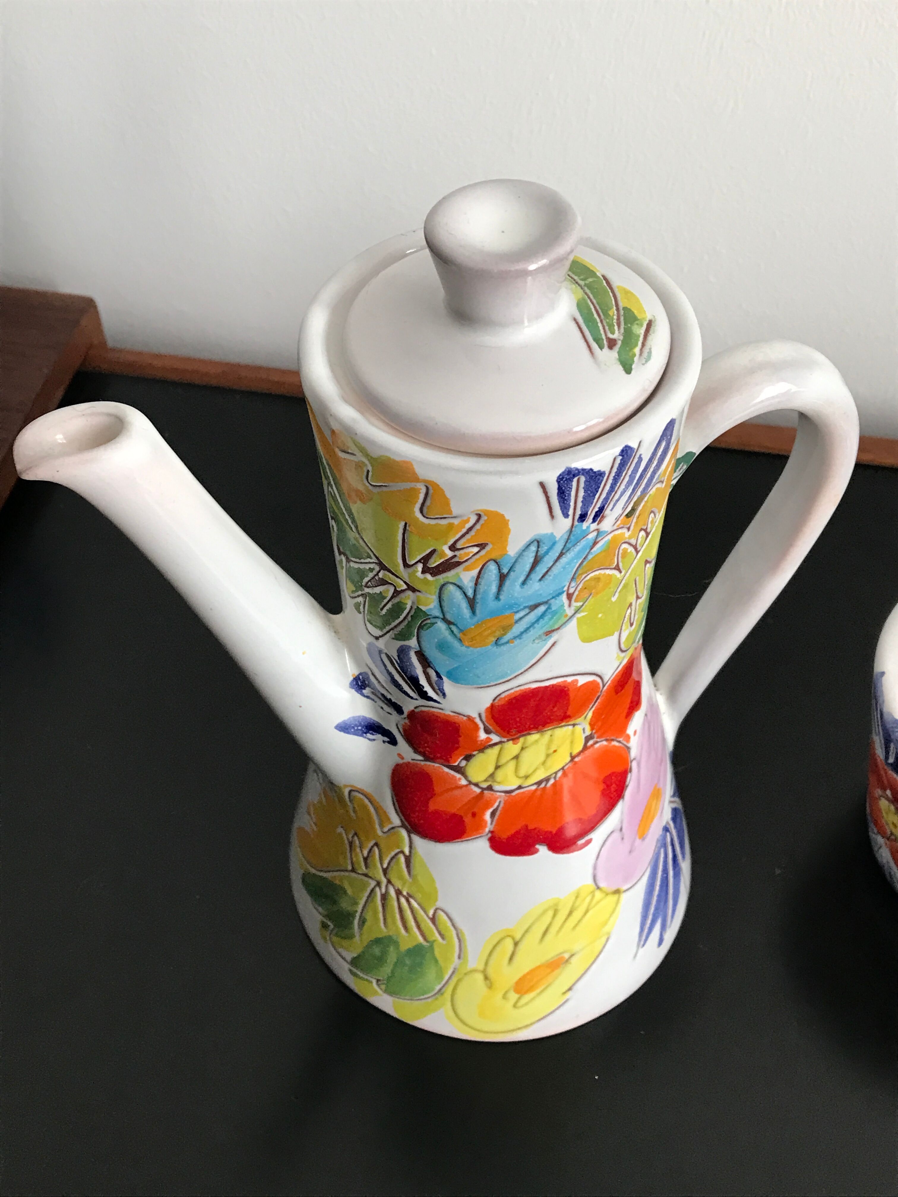 Vallauris coffee service engraved and hand painted - coffee maker and sugar pot fleuris vallauris