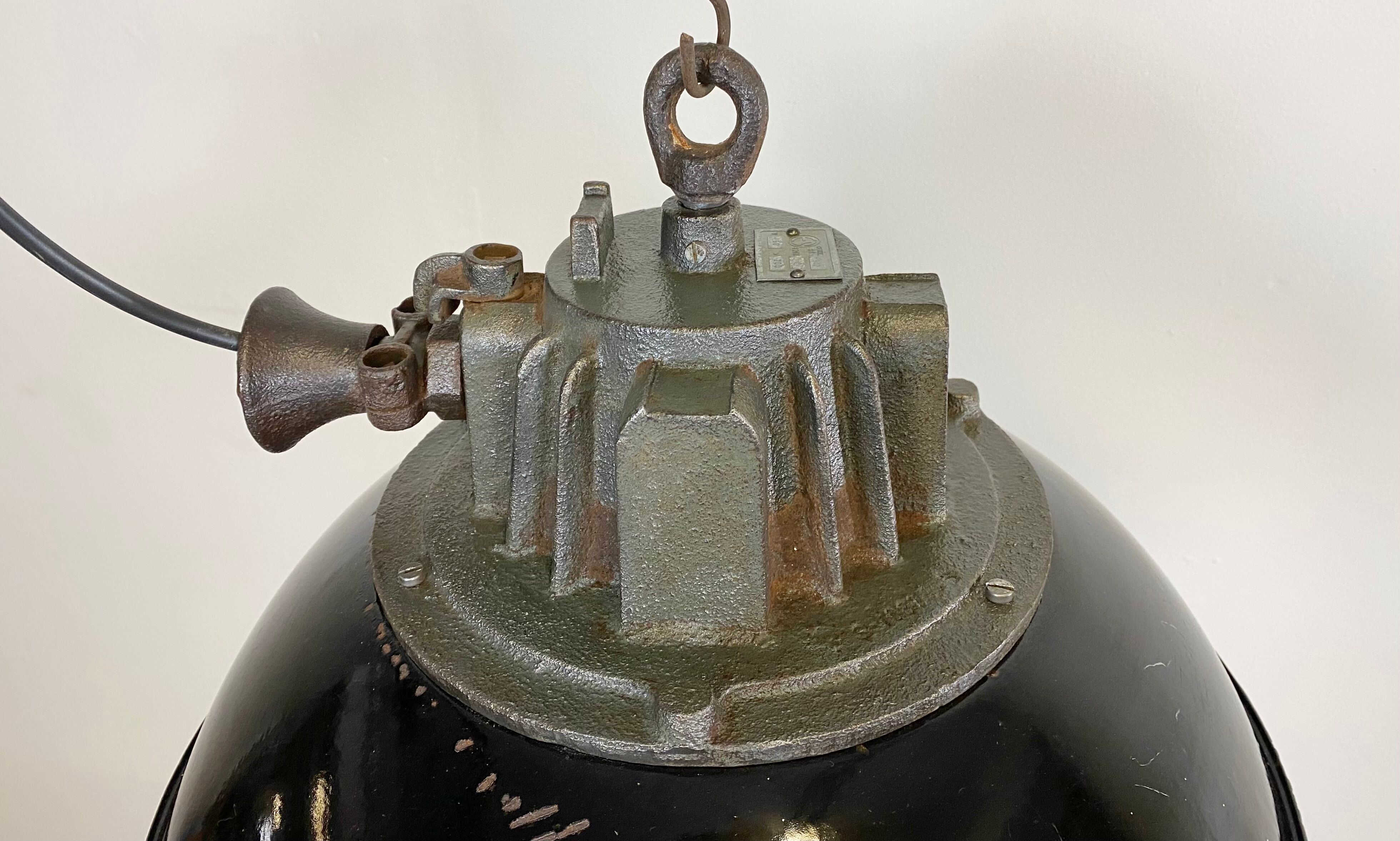 Black Enamel and Cast Iron Industrial Cage Pendant Light, 1950s