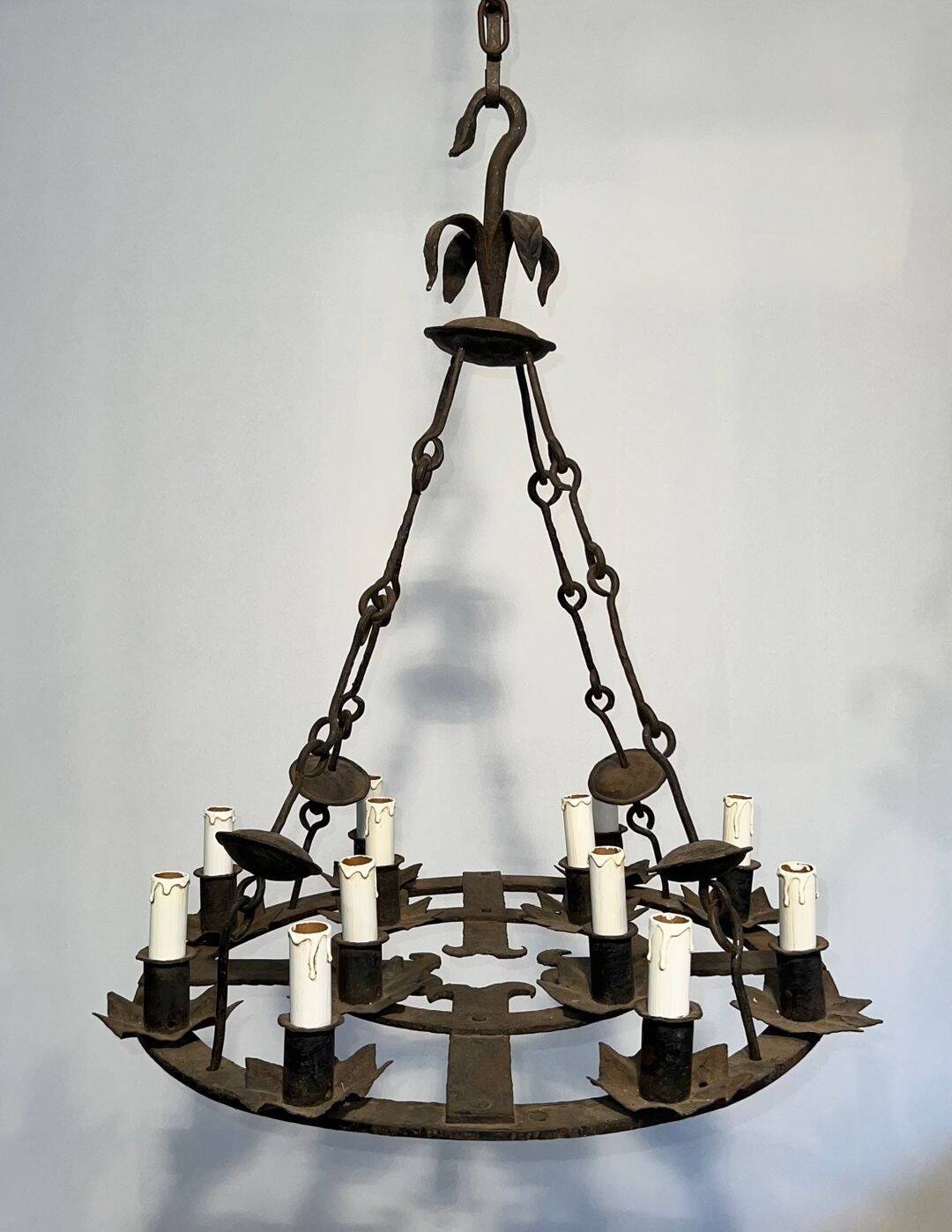 Wrought Iron Chandelier, 12 Lights, Gothic Style, French Work, circa 1
