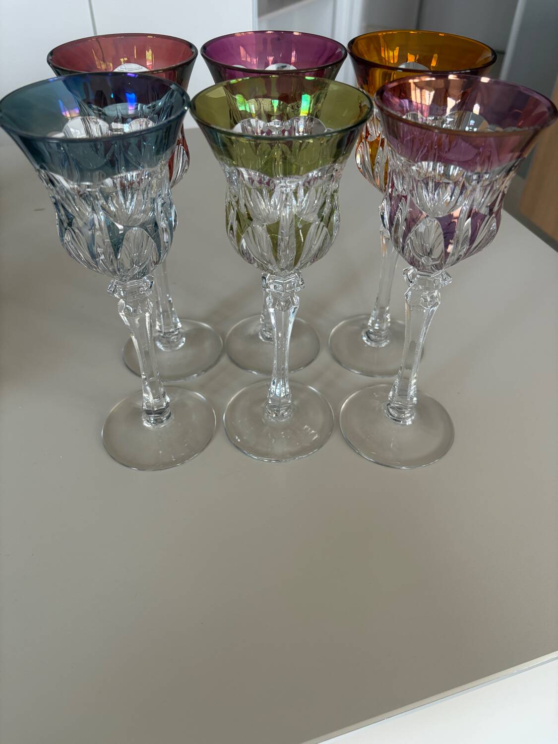 Set of 6 cut crystal liqueur glasses in colour – Bohemian style