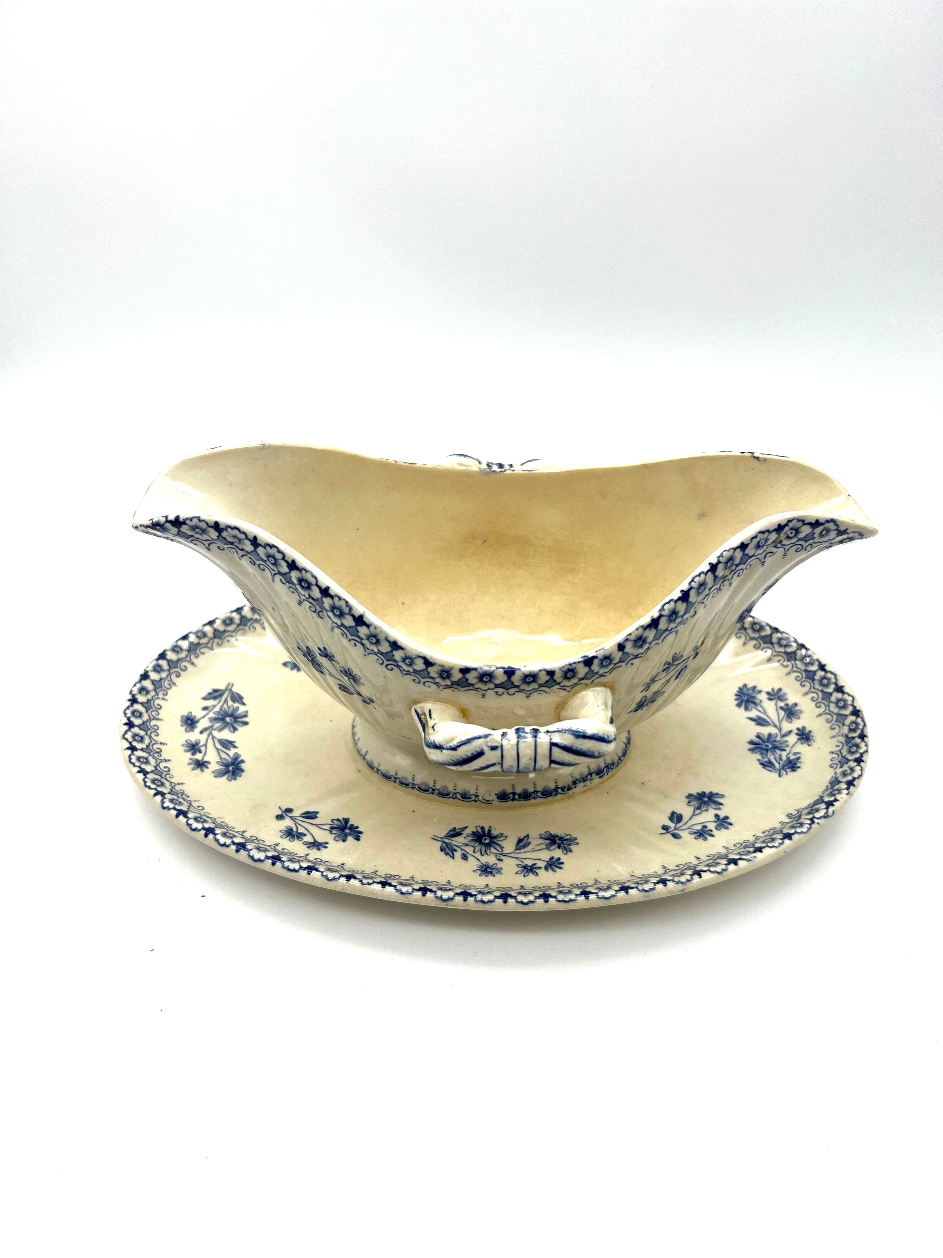 White and blue saucière in faience iron earth Boch Brother model Astre