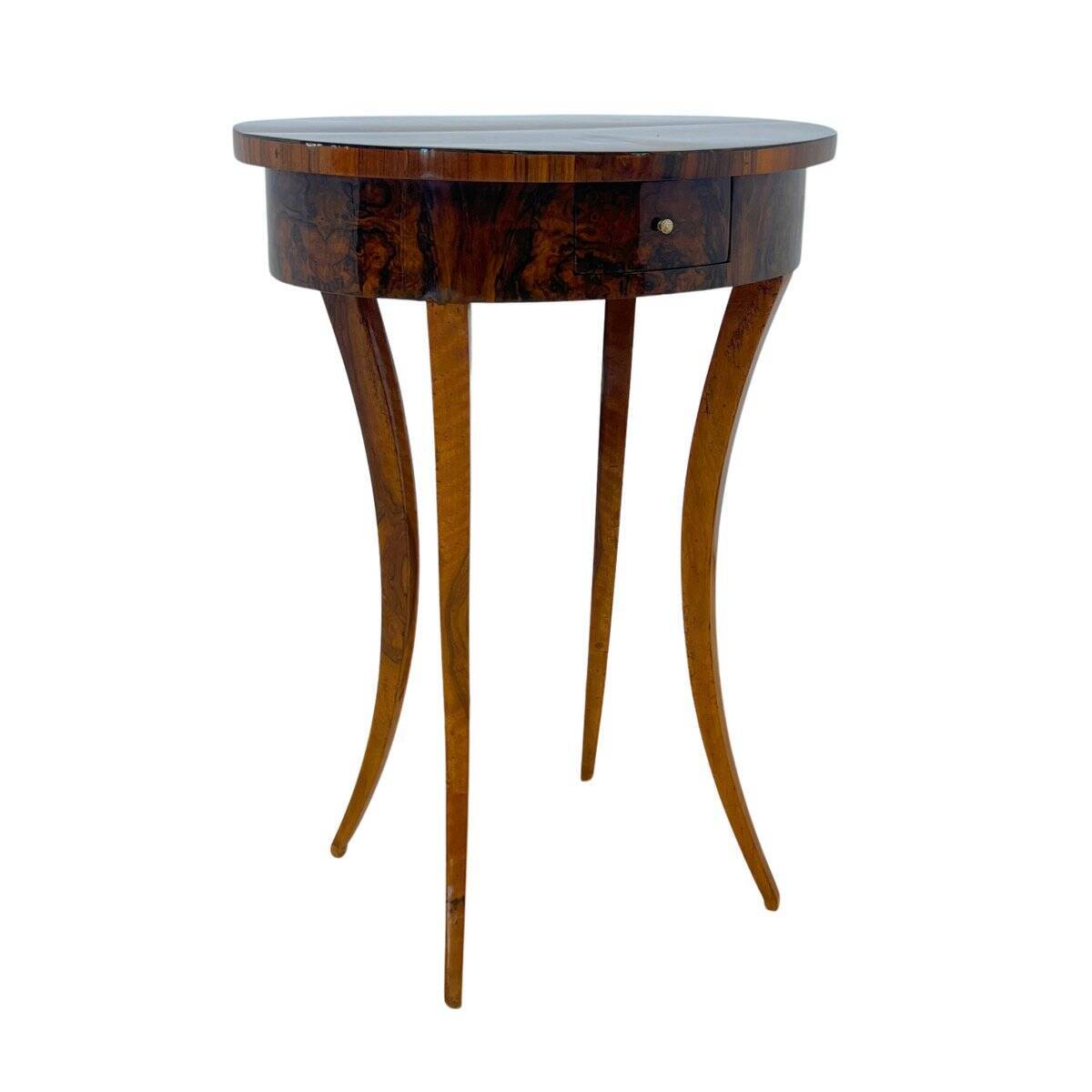 Oval Biedermeier Side Table with Drawer in Walnut Veneer, South Germany, 1820