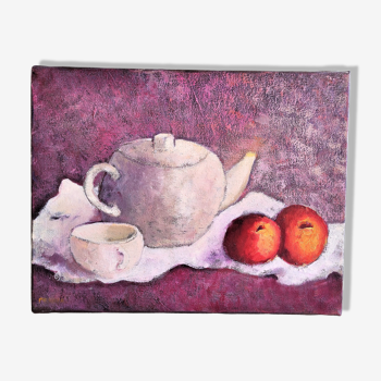 Oil painting on canvas teapot with fruit