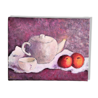 Oil painting on canvas teapot with fruit