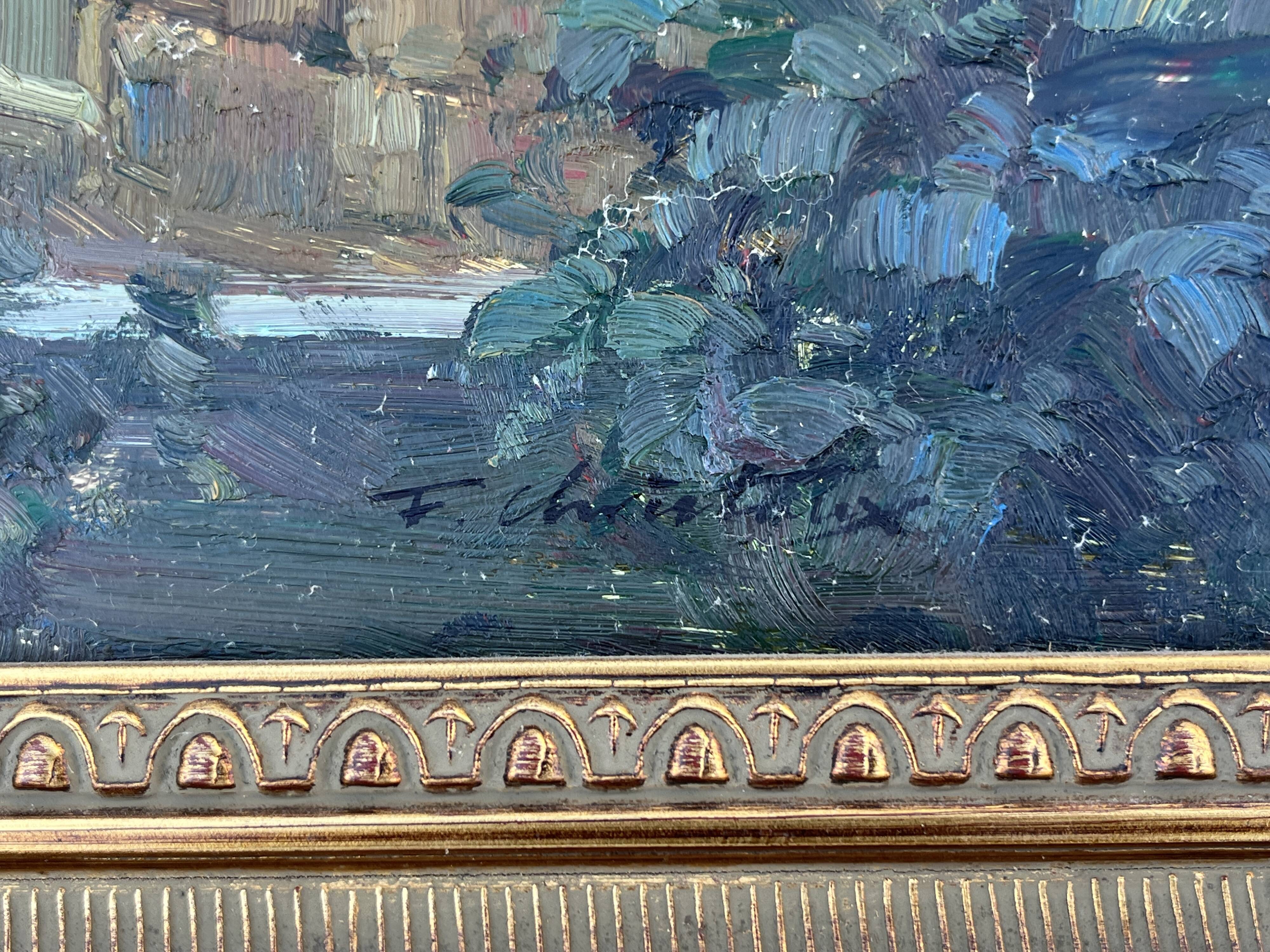 Large oil on canvas, Mediterranean terrace by the lake, signed, gilded frame.