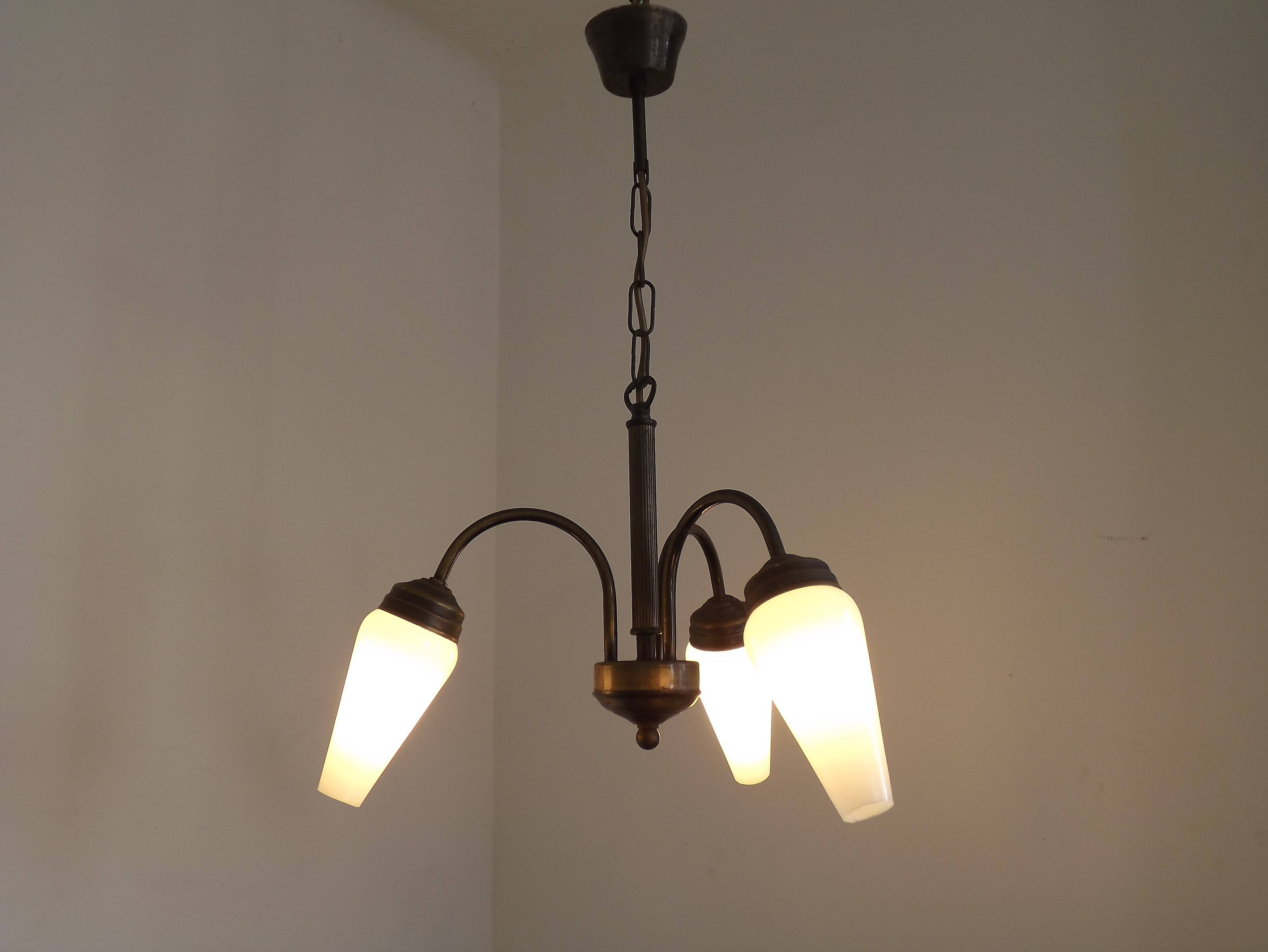 French Vintage Retro Bronze Effect Metal 3 Light Chandelier Glass Shade