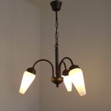 French Vintage Retro Bronze Effect Metal 3 Light Chandelier Glass Shade