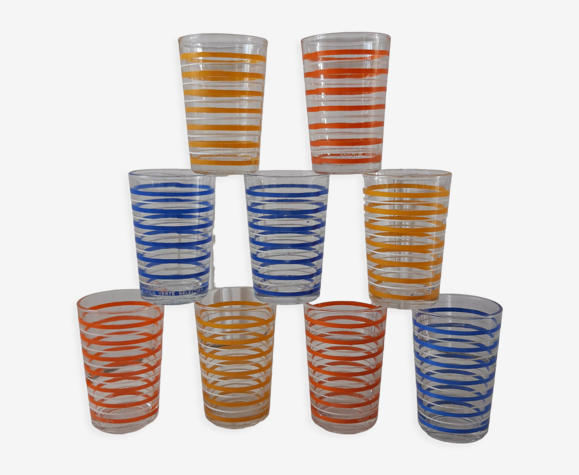 Lot de 9 verres à eau à rayures vintage publicitaires années 60