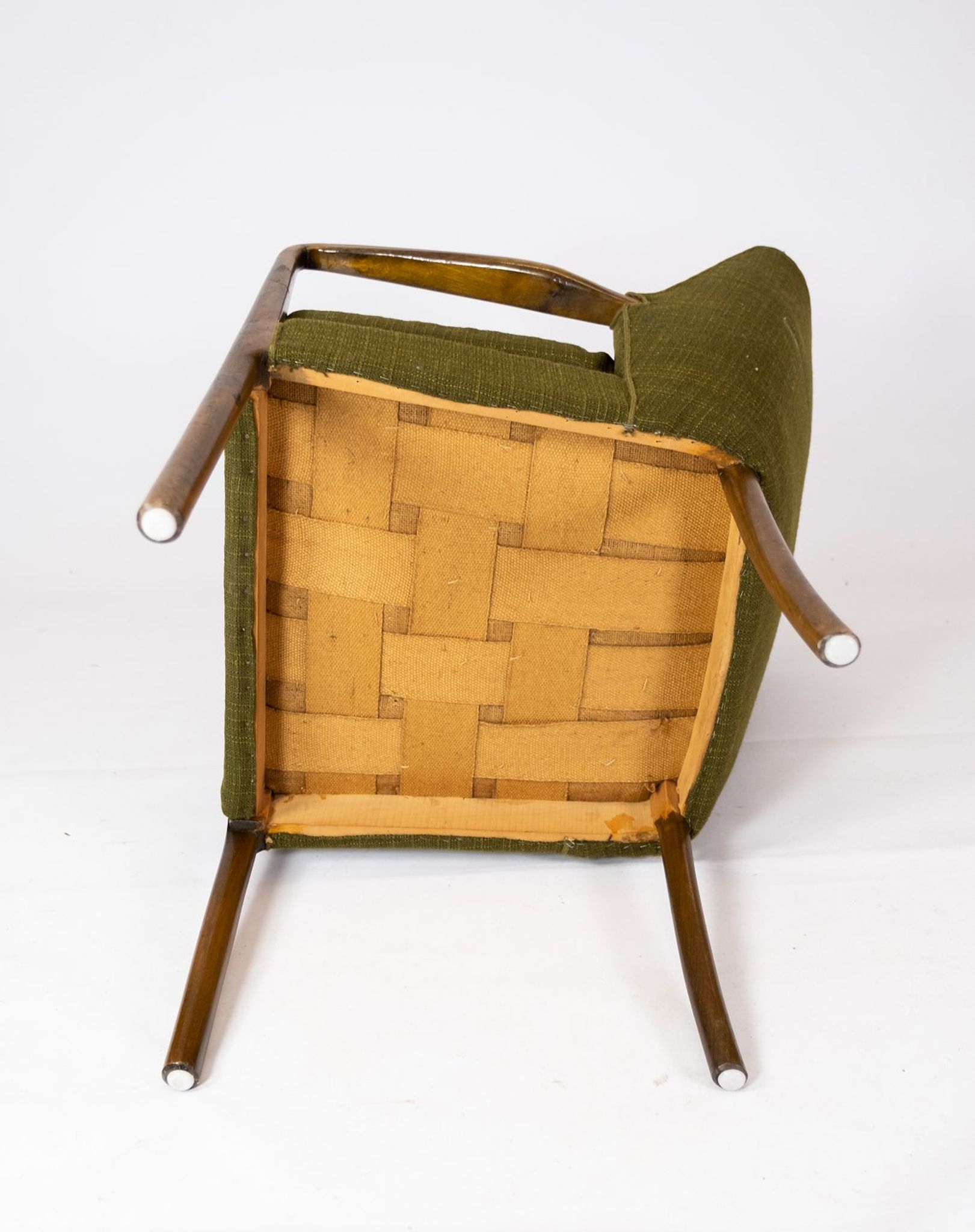 Armchair in birch and orginal dark green fabric of danish design from the 1950