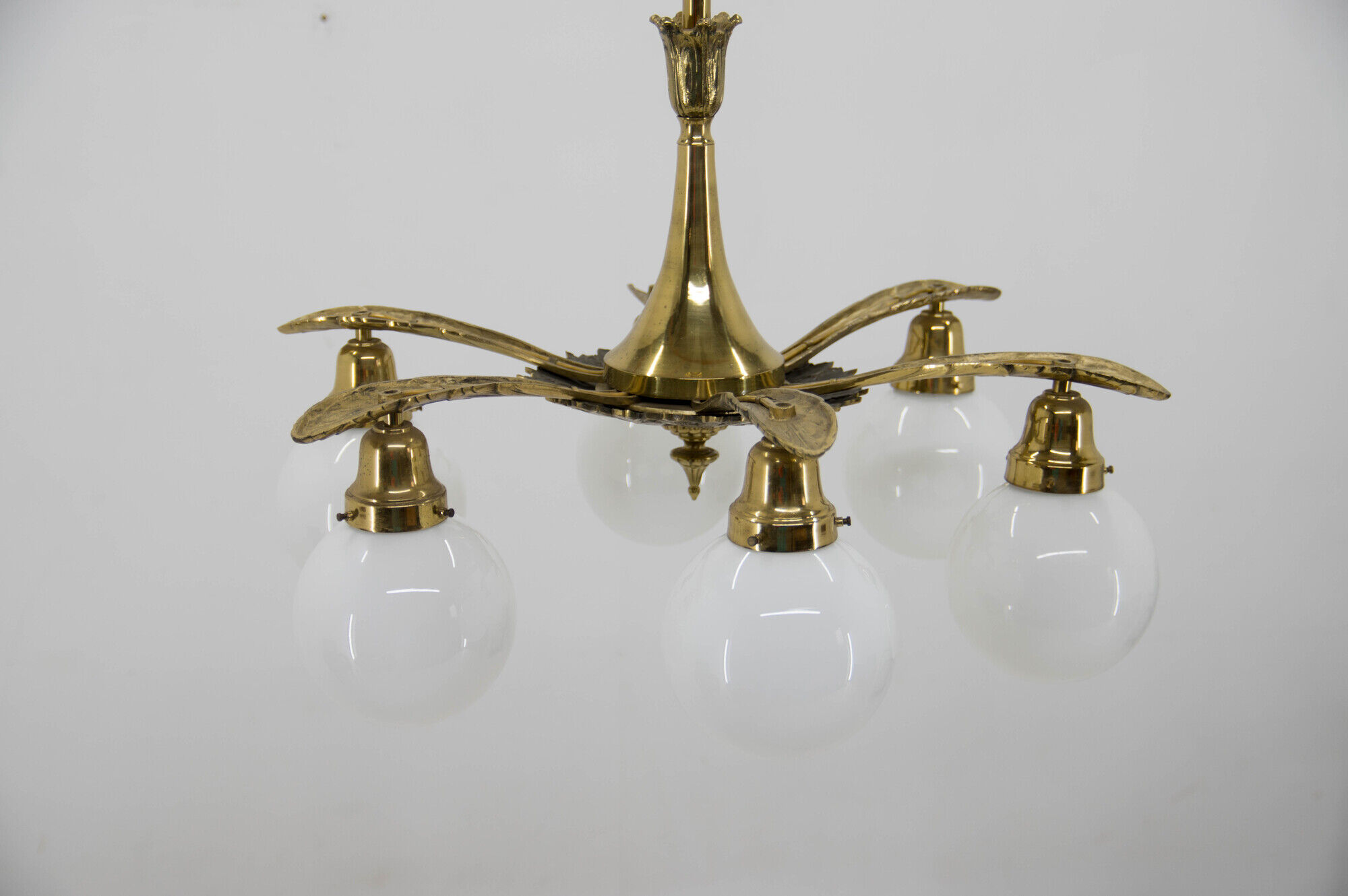 Art nouveau brass and glass chandelier