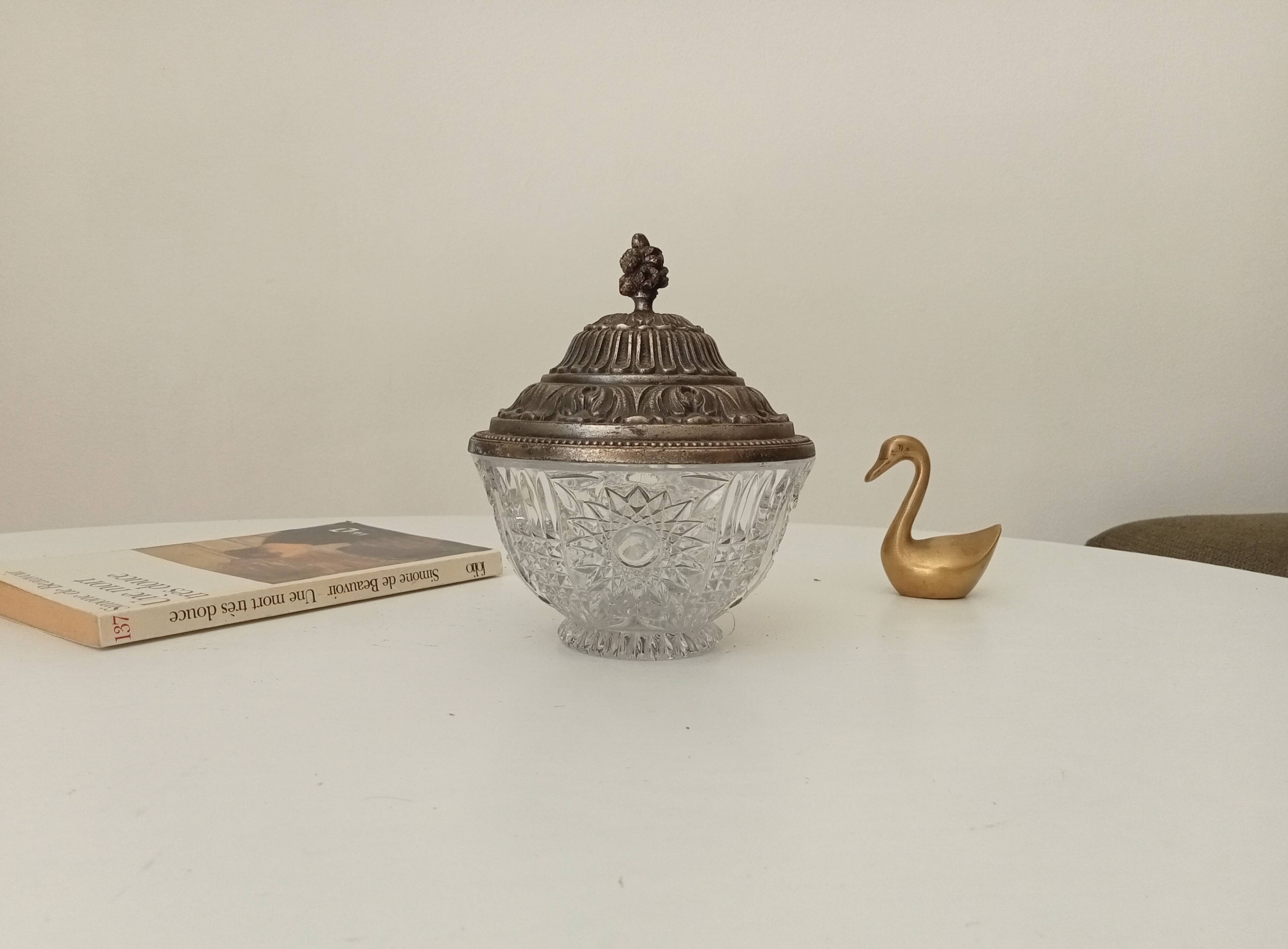 Vintage chiseled glass and tin candy box