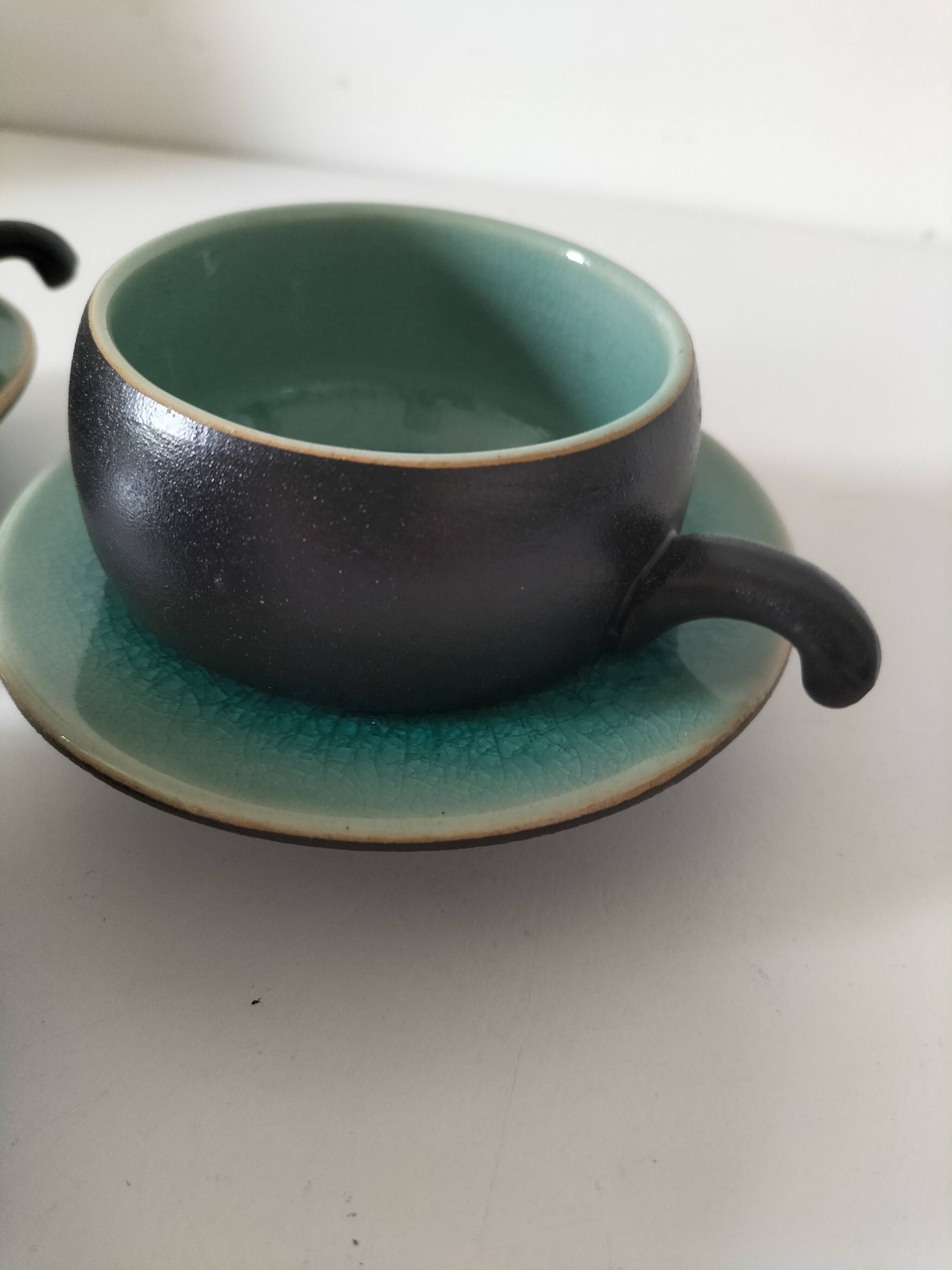 Set of three ceramic cups and saucers – crackled turquoise glaze