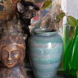 Oblong ceramic vase sacrificed with blue enamel