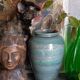 Oblong ceramic vase sacrificed with blue enamel