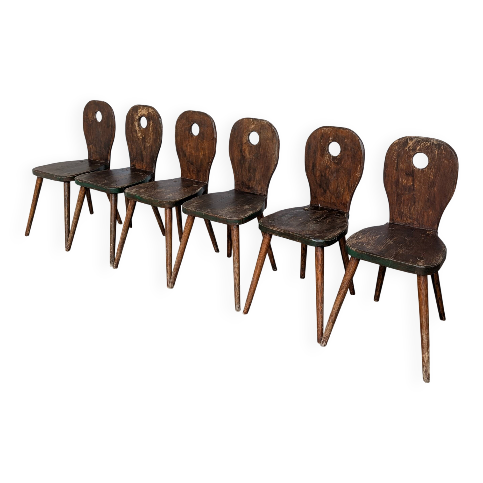 Set of 6 Vintage Brutalist Wooden Chair / Rustic Farmhouse Dining Chair