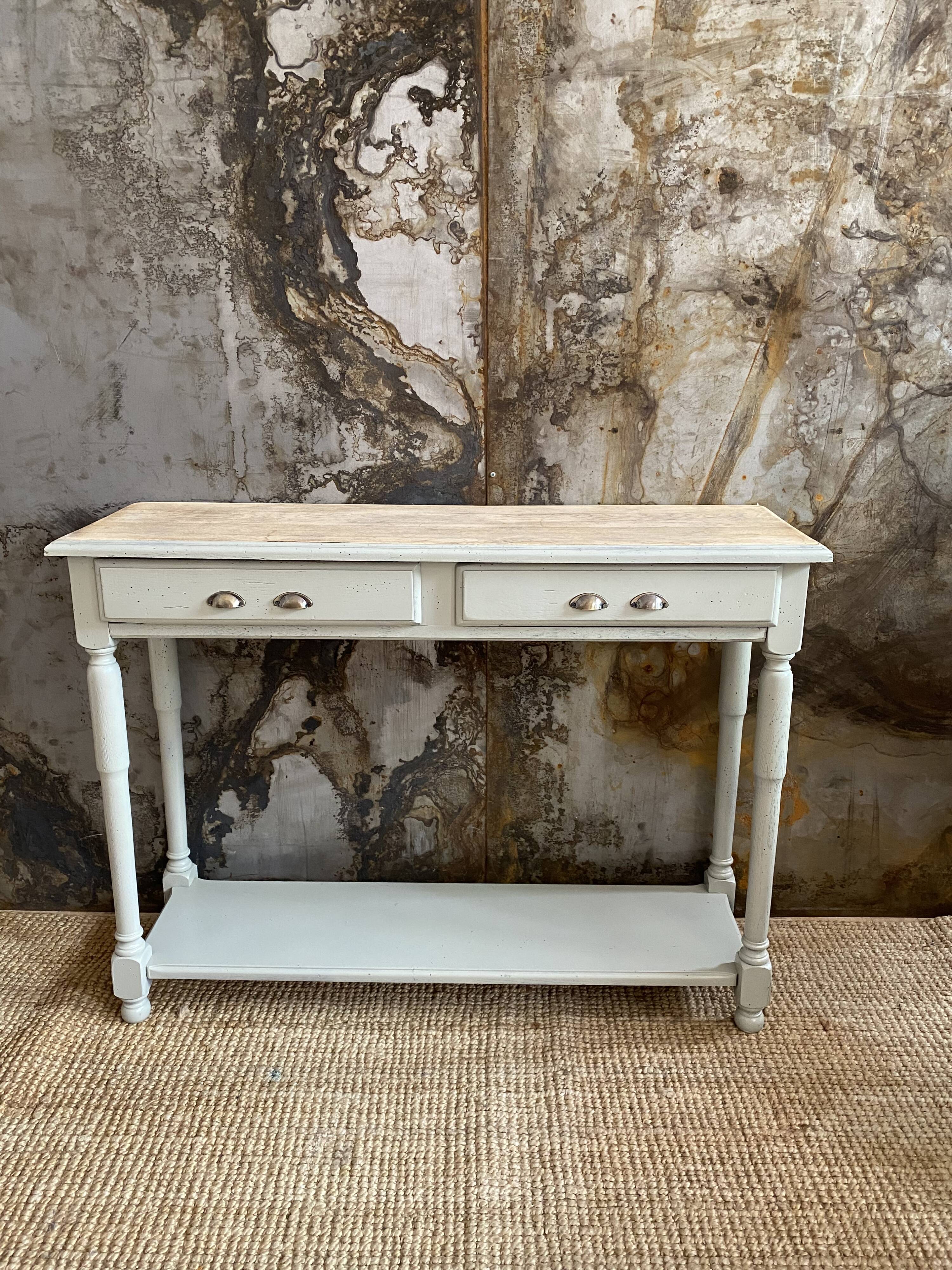 Drawer console raw wood & gray green