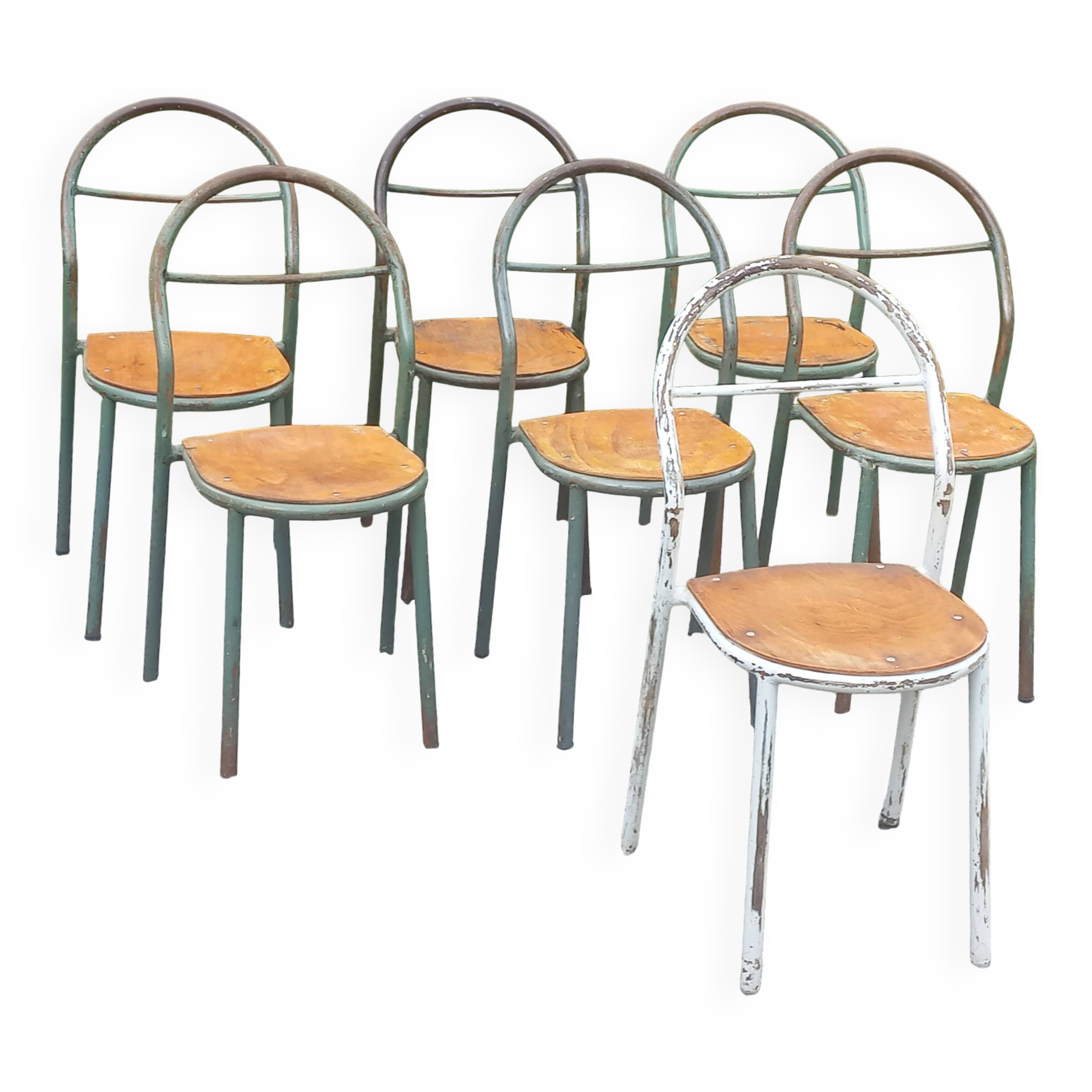 Set de 7 chaises de René Herbst métalliques assises bois