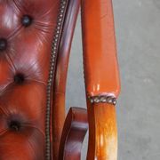 Red cowhide leather English Chesterfield armchair combined with wood