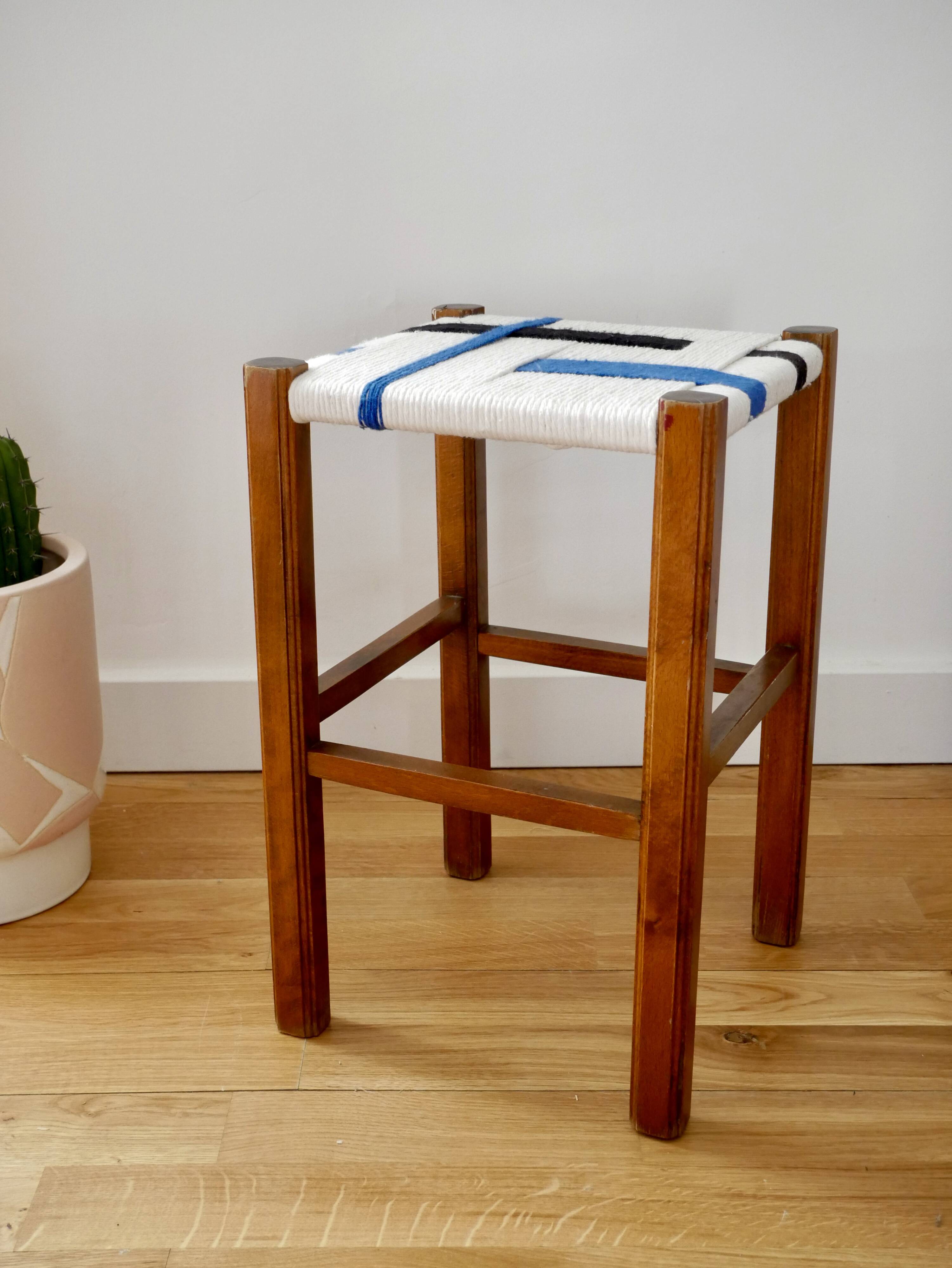 Wooden stool. Vintage stool. woven stool