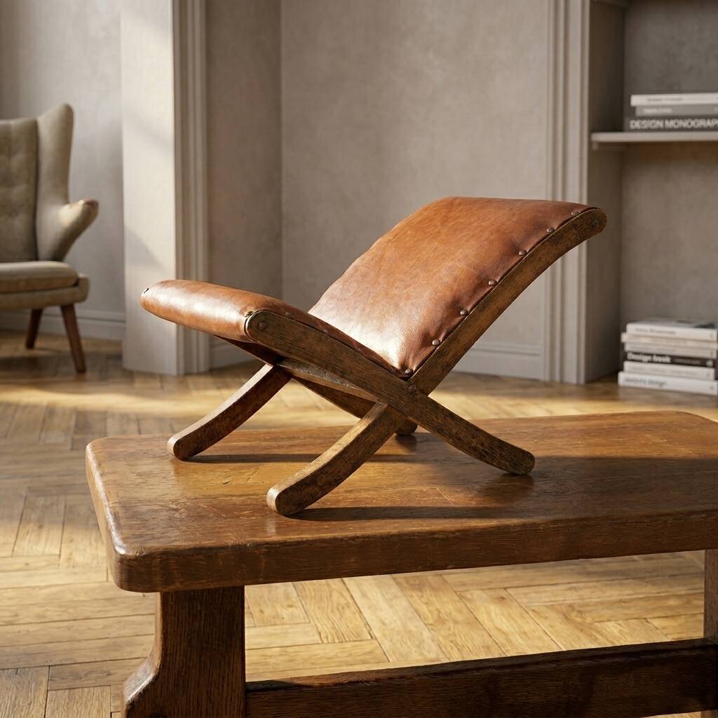 Old retro footstool, mid-century wooden leather stool, mid 20th century, European
