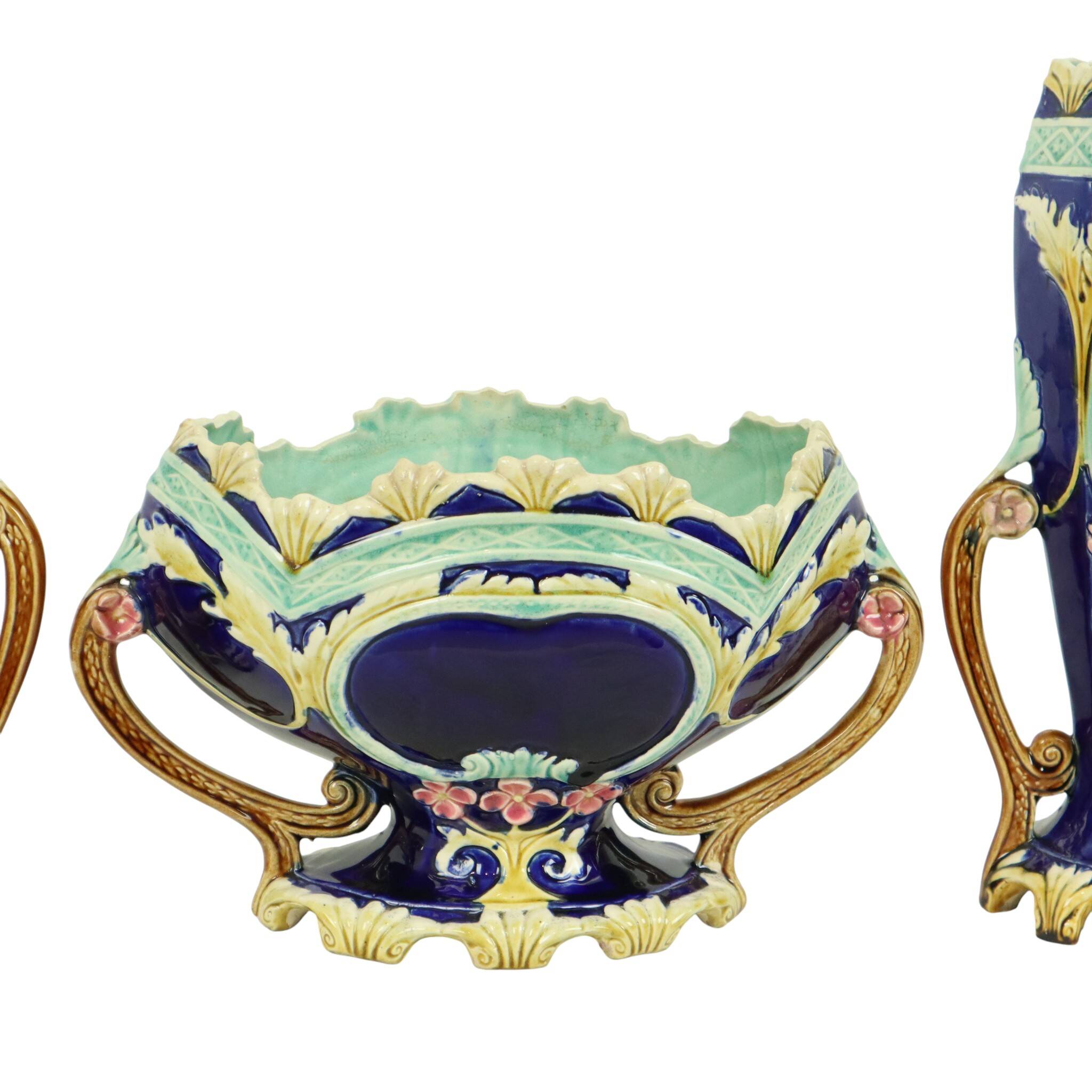 Art Nouveau Barbotine Majolica Vases Jardinière Set of 3