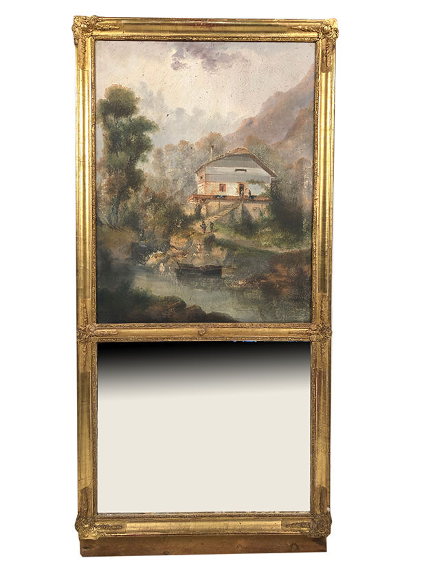Trumeau decorated with a lively landscape, stuccoed and gilded frame 59x125cm
