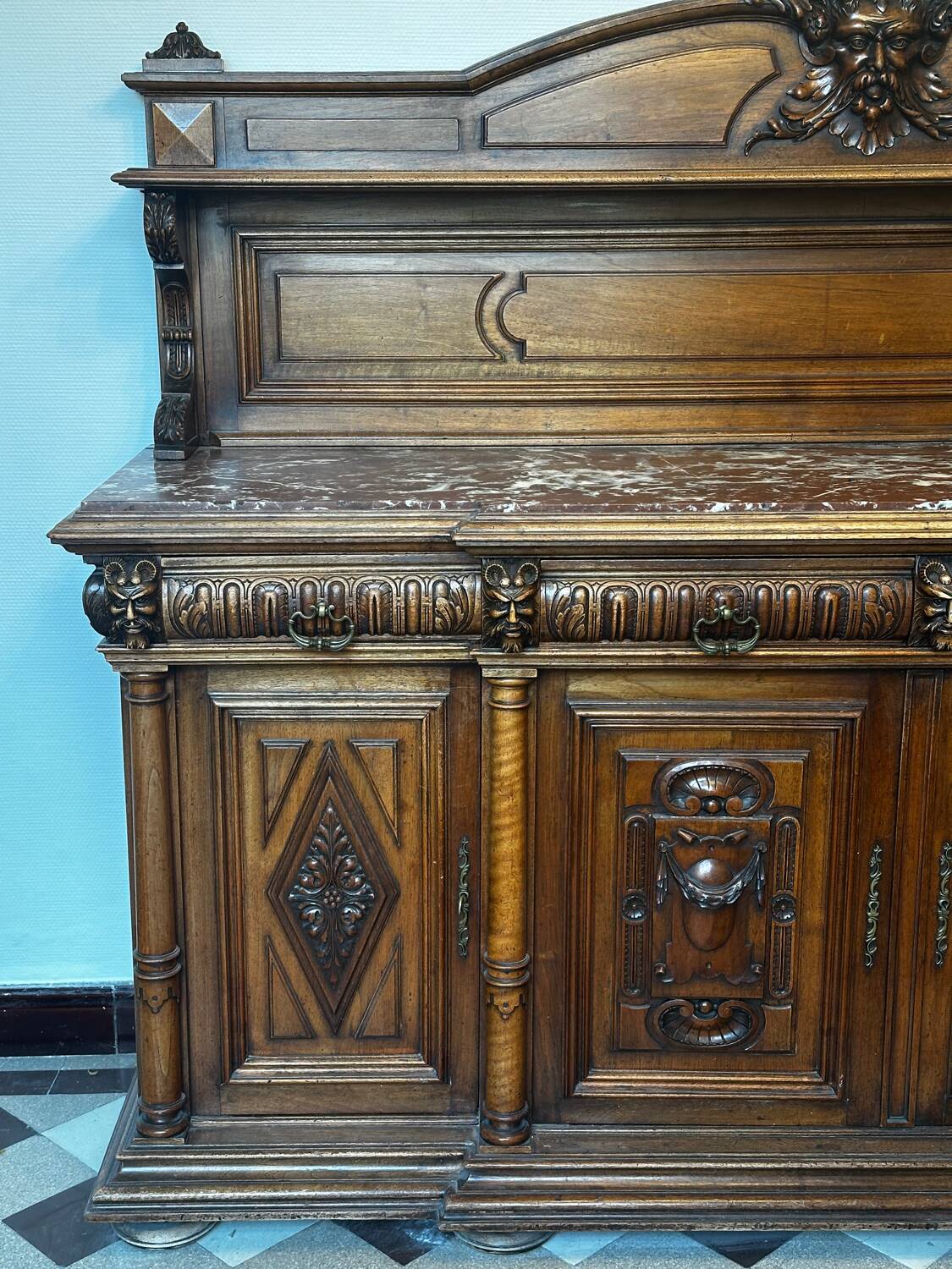 Two-part Renaissance-style buffet - Solid oak & marble, late 19th century