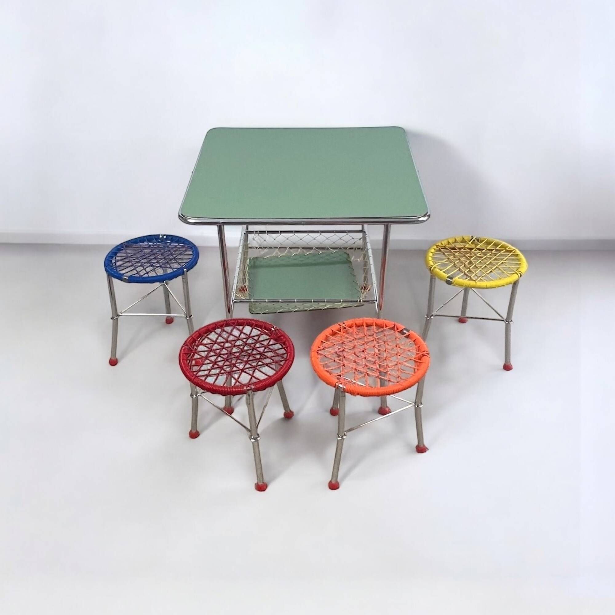 60s Kids Table with 4 Colourful Folding Chairs – Vintage Children Furniture Set