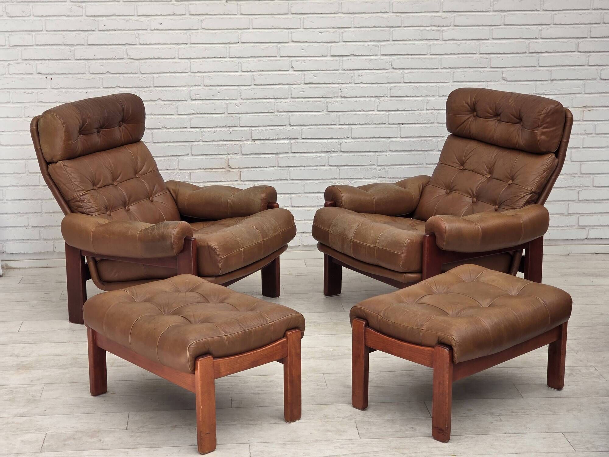 1970s, Swedish design, armchair with footstool, furniture leather.