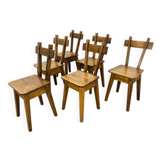 6 brutalist solid wood chairs