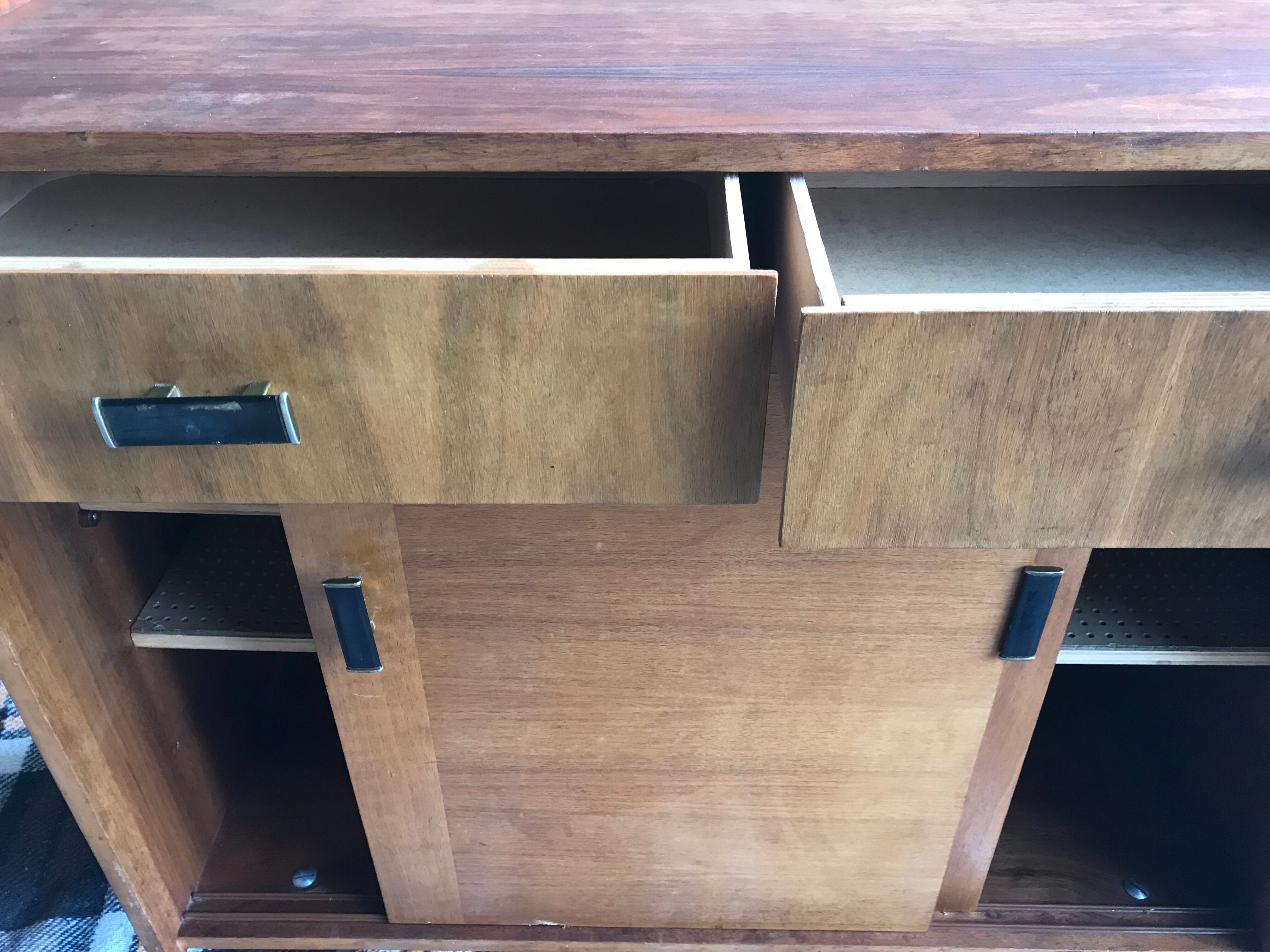 Vintage storage cabinet sideboard two sliding doors two drawers