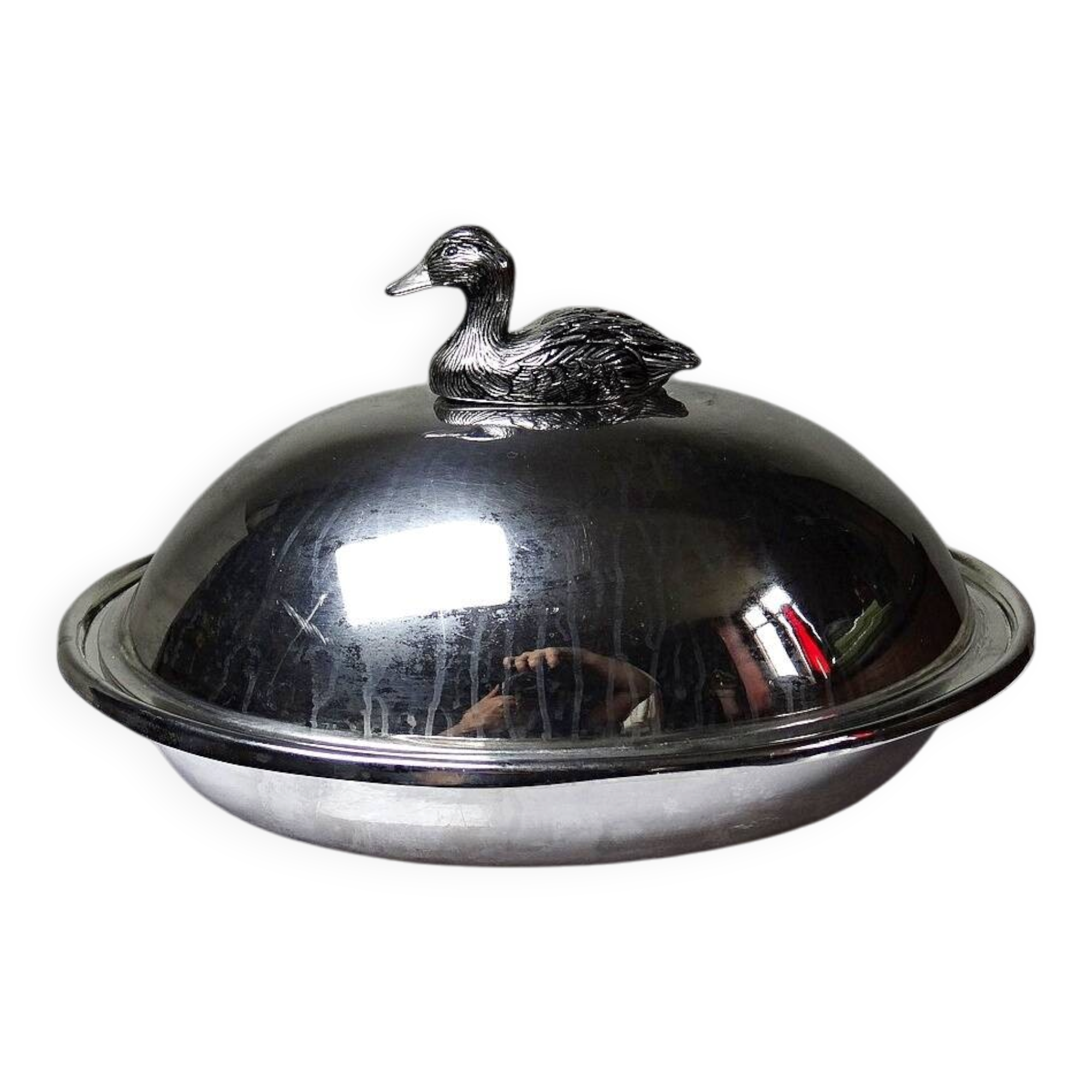 Vintage silver-plated foie gras bell duck handle from the 60s-80s.