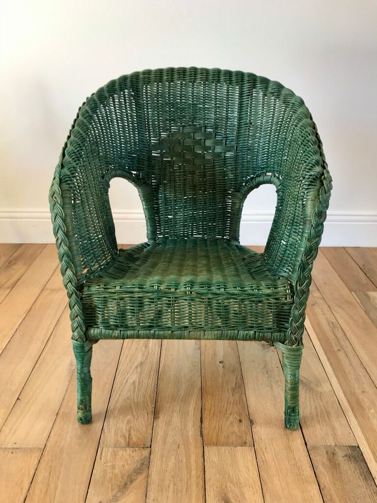 Fauteuil enfant en rotin vert années 60-70