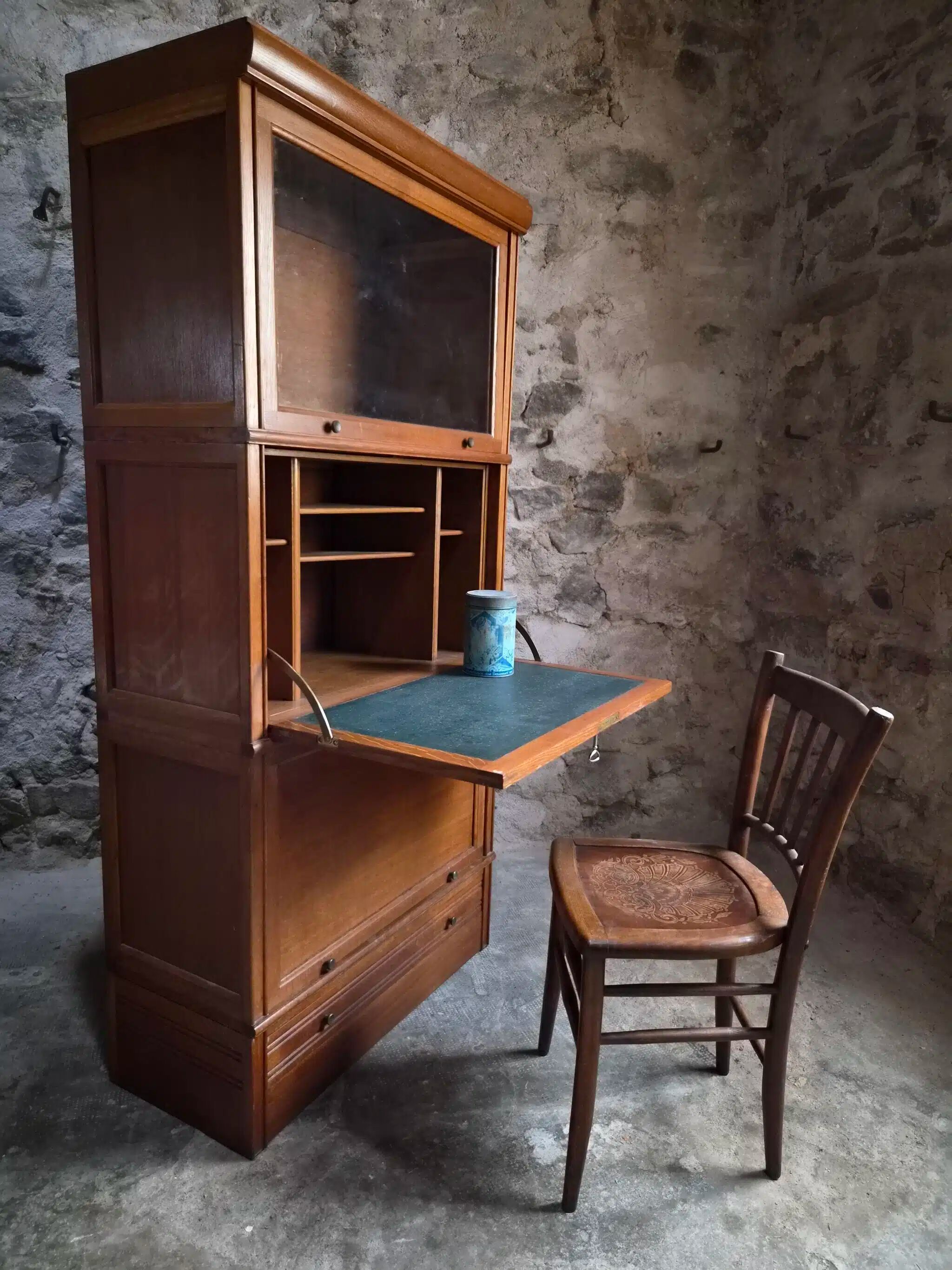 French modular secretary in oak with display case, 1950s.