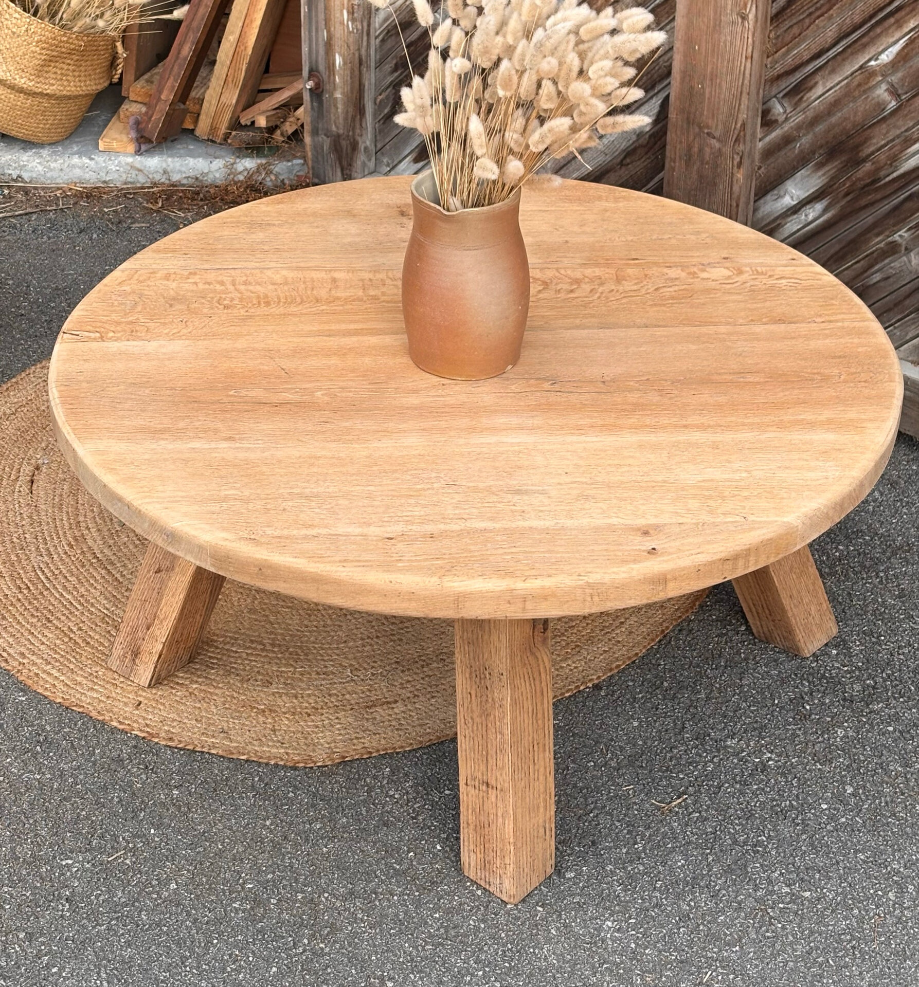 Antique round coffee table in raw solid oak.